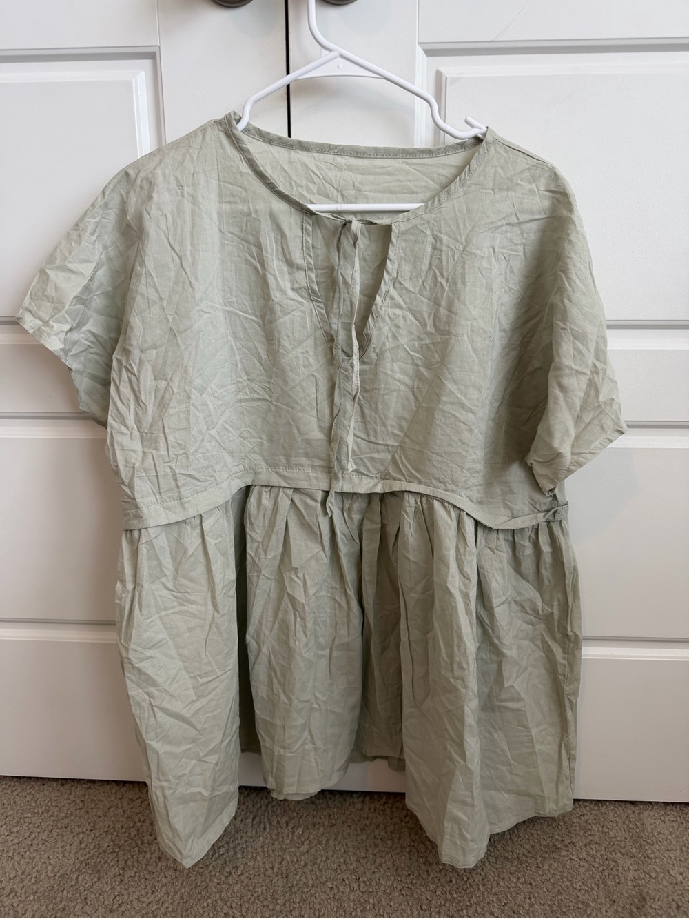 169 - Relaxed Sage Green Peplum Blouse with Tie Neck